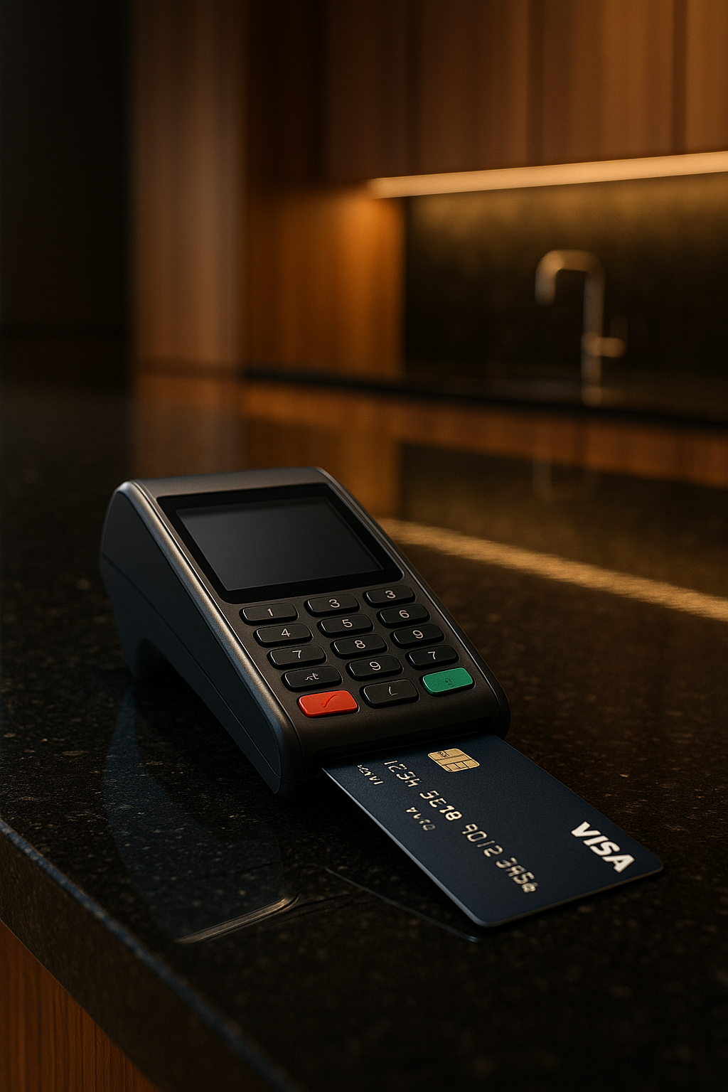 Black Granite Kitchen Counter top with POS and Card